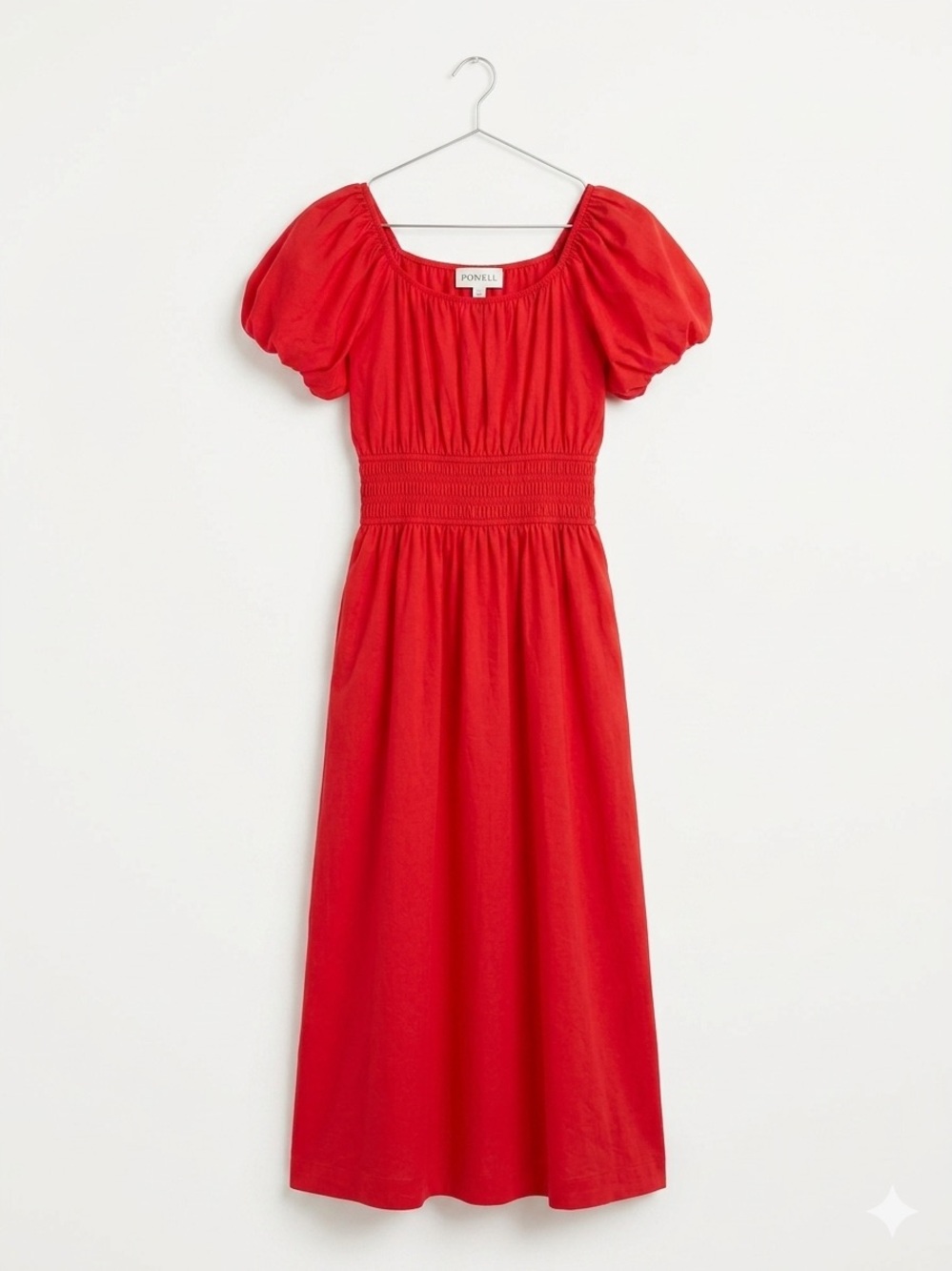 Tuckernuck Pomander Place Red Puff Sleeve Midi Dress Small, Pockets, EUC, Cotton